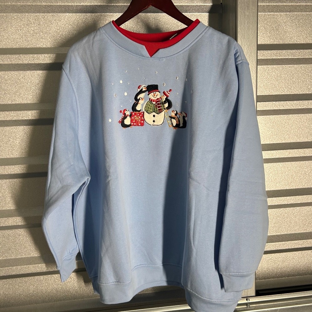 Shenanigans Sweatshirt Womens 3X Blue Snowman Penguin Holiday Winter Retro
